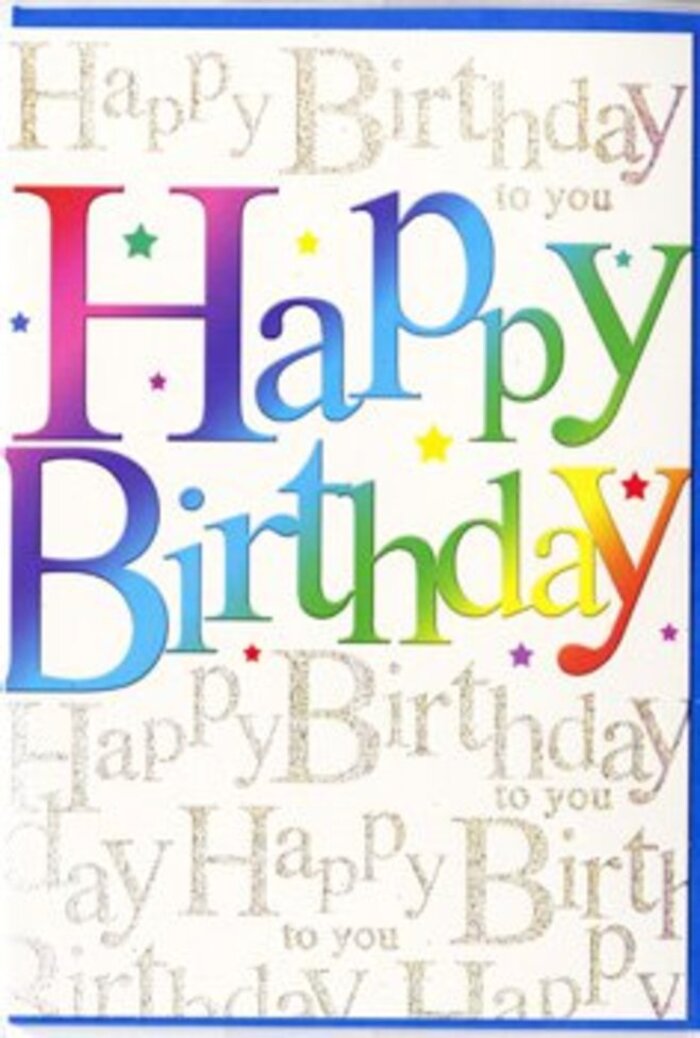 This birthday card looks like the paper equivalent of a joyful gathering in Maida Vale, colourful and full of light yet gently sophisticated. The focus of the design is the bold, central greeting Happy Birthday, written in wide, playful letters that stretch across the card, slightly curved as though rising to meet you. Each letter is shaded in a smooth rainbow gradient, moving fluidly from rich reds and berry tones into vivid oranges and golden yellows, then into fresh greens, clear blues, and finally deep purples. The blending is soft and seamless, with no harsh lines, evoking the way colours reflect off the water in Little Venice when the sun dips low in the evening. Behind this vibrant announcement, the background is alive with a repeated line of Happy Birthday to you, rendered in fine, looping gold script. The cursive writing is smaller and more delicate than the main text, forming a subtle pattern that glows without distracting, like a gentle murmur of friends singing together at a quiet birthday celebration in a Maida Vale townhouse. Light-catching flecks and tiny star-like motifs are scattered across the design, suggesting confetti mid-flight or the delicate sparkle of fairy lights strung over a party table. The overall finish of the card appears sleek and lightly glossy, hinting at a premium, silky texture under your fingertips, with a faint difference in feel where the thicker ink of the lettering sits on the surface. The combination of colourful, exuberant lettering and refined golden script creates a card that feels heartfelt and uplifting, ideal for marking a special birthday with the same gracious charm that defines Maida Vale.