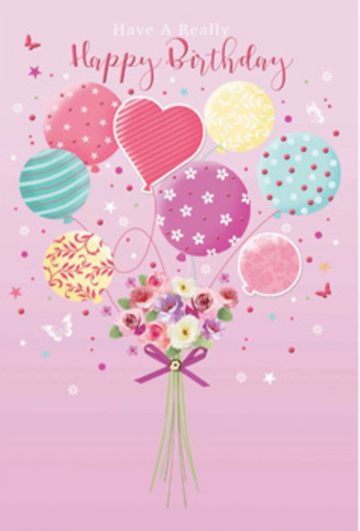 There is a sense of soft jubilation in this floral birthday artwork, as though a celebration were quietly floating above Maida Vale's elegant terraces. The design centres on a cluster of pastel balloons, brushed with pale sunshine yellow, rosy fuchsia, delicate sea-green, and lavender hues. Each balloon has been given its own distinct decoration-loops of candy-like stripes, scattered polka dots, and miniature floral patterns-reminiscent of festive bunting that might appear along side streets leading toward Little Venice on a summer afternoon. Nestled among them, a heart-shaped balloon glows with particular warmth, symbolising affection and appreciation. From the base of this floating bouquet arises a dainty hand-tied arrangement of small roses and soft, daisy-like blooms, their petals shaded gently from cream to blush and soft berry tones, as though lit by a low Maida Vale sunset filtering through townhouses. The flowers appear plush yet airy, with each petal overlapping another in quiet harmony. A slim purple bow secures the stems, its satin texture catching light in subtle highlights that echo the sparkle of birthday candles. Around the main motif, whimsical butterflies and delicate stars drift freely, enhancing the sense of movement and turning the scene into a suspended daydream, like a moment paused on a bridge above the canal. The overall palette is calm yet celebratory, and the light that bathes the design feels warm and inviting. It conjures the feeling of opening a carefully chosen card that has arrived with a fresh bouquet, a considered birthday gesture from someone who knows how much you love Maida Vale's gentle charm.