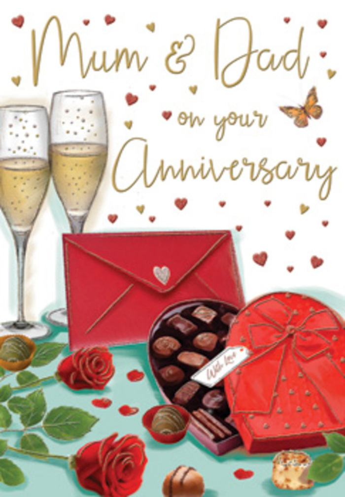 Detailed anniversary card artwork portraying a luxurious and heartfelt celebration scene, as if arranged for a devoted couple in Maida Vale. The focal point is a pair of slender champagne flutes, standing close together and filled with pale golden fizz that seems to glow from within. Tiny bubbles rise in each glass, frozen in motion as though captured at the exact moment before a loving toast. In front of them sits a striking heart-shaped chocolate box, coloured in deep, romantic red and adorned with an elaborate scarlet ribbon. The bow is rendered with particular care, its satin folds and trailing ends giving a strong sense of tactile richness. The lid is slightly open, revealing a tempting array of chocolates, each piece outlined to hint at different textures-smooth shells, rounded corners, and inviting surfaces that call to mind indulgent truffles shared between partners. Lying gently across the lower edge of the composition, two red roses add a florist's touch of romance; their petals are full and velvety, layered in intense crimson hues that recall a freshly delivered bouquet from a Maida Vale flower shop along Shirland Road or Elgin Avenue. Scattered above and around the main elements, tiny golden and crimson hearts drift like confetti, embracing affectionate words dedicated to Mum & Dad in a graceful, hand-lettered style. A scarlet envelope, sealed and resting at a thoughtful angle, hints at a handwritten note brimming with gratitude and cherished memories, perhaps penned after a leisurely walk through Paddington Recreation Ground. The overall palette of warm reds, soft golds, and gentle background tones bathes the card in a cosy radiance, conjuring the scent of roses, a hint of chocolate sweetness, and the unmistakable feeling of celebrating long-lasting love in Maida Vale.
