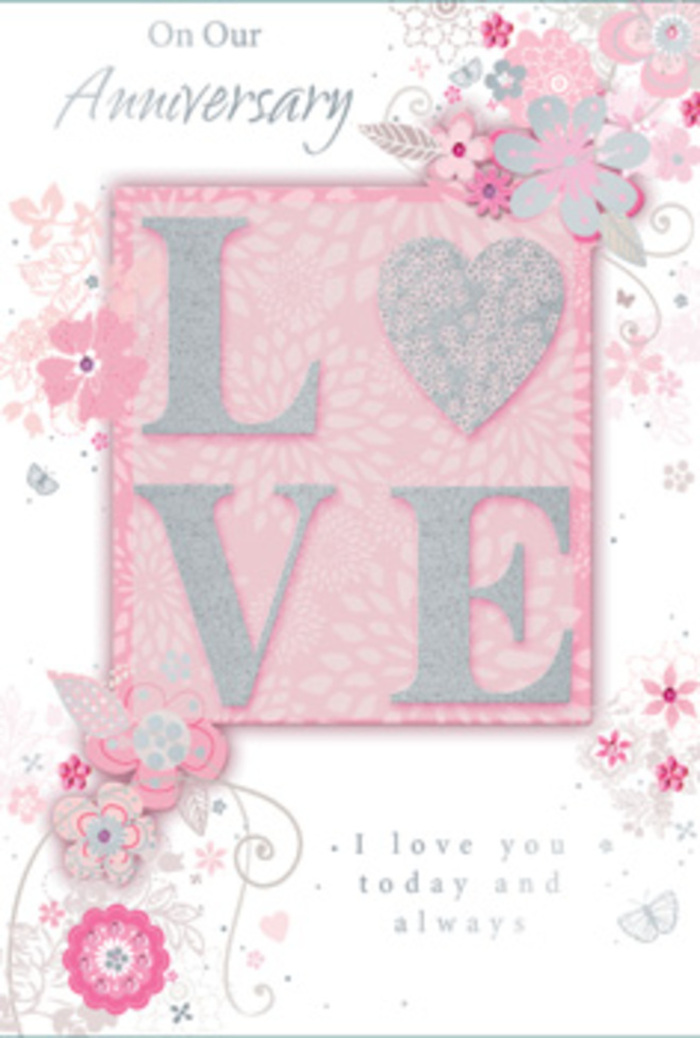 In this image, an open anniversary card lies gracefully on a pale surface, its design evoking the tranquillity of a sunlit sitting room overlooking Maida Vale's leafy crescents. Dominating the front panel is the word LOVE, presented in tall, refined lettering finished with a frosted glitter effect. The raised texture catches and scatters the light in tiny sparkles, inviting the fingertips to follow each curve and line. Surrounding the word, soft, hand-drawn florals drift along the edges of the card, like light sprays of blooms arranged around a central feature in a florist's window. These blossoms blend hues of pink, lilac, and creamy ivory, their colours layered with delicate shading to suggest overlapping petals and gentle depth. Fine flourishes curl between the flowers-filigree lines, slender stems, and dainty leaves that resemble the trailing greenery often tucked into romantic arrangements. Almost hidden among the patterns, tiny butterflies appear, their wings suggested with the lightest of strokes, evoking the flutter of emotion that comes with remembering anniversaries past. The message I love you today and always is set in a graceful, understated typeface that rests calmly within the artwork, leaving plenty of space so the eye can wander comfortably across the design. The overall tone is tender and reflective, as if the card itself were a quiet conversation between two people who know each other's hearts well. Much like a hand-tied bouquet gathered by a Maida Vale florist, the card feels intimately composed, each element chosen to celebrate enduring affection and the beauty found in everyday companionship.