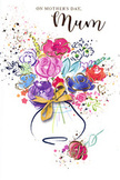 Illustrated Mother's Day card depicting a joyful, free-spirited bouquet of flowers in a petite vase, created in fluid watercolour with delicate metallic gold highlights. The bouquet's heart is a cluster of generous, rose-like blooms in bold pink, cerise, and deep magenta, their petals loosely outlined with confident strokes of indigo that give structure while preserving softness. Interwoven among them are gentler blossoms in shades of lavender, periwinkle, and soft peach, adding a soothing, almost dreamy quality that recalls calm walks along the canal paths of Maida Vale and Little Venice. Here and there, bright notes of chartreuse green peek out, suggesting young leaves and stems, keeping the arrangement feeling freshly gathered. Fine touches of gold glint along select edges of petals and leaves, catching imaginary light just as real bouquets gleam in a local florist's display. The background is a clean white canvas, animated by scattered paint flecks, tiny hearts, and drifting dots of colour that surround the bouquet like cheerful echoes of laughter and celebration. A simple, curved vase grounds the composition at the bottom, its neck encircled by a painted golden bow, reminiscent of the final ribbon flourish added to a hand-tied arrangement before it is delivered across Maida Vale. The scene conveys warmth, appreciation, and a sense of intimate celebration, as though the artist has captured both the beauty of fresh flowers and the deep, enduring bond between a mother and her child in every careful brushstroke.