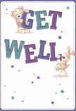 Cheerful and inviting, this get well card spills over with the playful spirit of Maida Vale, featuring a winsome teddy bear and a lively puppy as they balance and present vivid block letters spelling out 'Get Well.' Deep indigos and refreshing teals mark the confident text, their color pops enhanced by a soft cream background that brings a breath of calm akin to a peaceful corner on Lauderdale Road. Star-shaped confetti sparkles across the card in shades of purple and blue, spreading a little bit of magic akin to a spontaneous visit from a friend with a hand-tied bouquet. Both characters seem almost tangible-their furry, tactile features providing a visual comfort that mirrors the sense of closeness found in the Maida Vale community. Designed to radiate warmth and hope, this illustration transforms a simple sentiment into a soothing message, ideal for uplifting someone in recovery and echoing the care found in every floral arrangement delivered nearby.