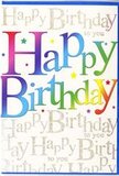 This birthday card captures the feeling of a cheerful celebration tucked away on a quiet Maida Vale street, vibrant but with a touch of elegance. Spanning the front, the words Happy Birthday are written in big, rounded letters that appear to almost float above the surface. Each letter glows with its own blend of colour, the shades falling into a smooth rainbow sequence-starting with deep red and rosy pink, gliding into warm peach and bright yellow, and then cooling into greens, aquas, soft blues, and finally deep violet. The gradients are gentle and expertly balanced, bringing to mind the subtle colour shifts you might see as you stroll past shopfronts along Elgin Avenue at dusk. Behind this central message, the background is filled with lines of Happy Birthday to you in a delicate, looping gold script. This cursive is fine and elegant, creating an intricate pattern that looks almost like a layer of golden lace behind the bolder lettering. Under the light, the metallic effect of the script would catch the eye with a soft shimmer, never garish, but pleasantly luminous. Tiny star shapes, light speckles, and sparkling dots are scattered across the card, evoking the lively scatter of confetti after a birthday toast at a local Maida Vale café. The surface looks smooth and slightly reflective, suggesting a polished, quality cardstock that would feel sleek to the touch. Altogether, the design blends joyful colour with thoughtful detail, making it a lovely way to send birthday wishes that feel as warm and welcoming as the leafy avenues and quiet corners of Maida Vale.