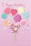 This whimsical birthday illustration unfolds like a pastel dream over Maida Vale, where balloons, flowers, and tiny fluttering details come together in a soft celebration. The background is a gentle pink that lets the main elements glow: balloons in shades of blush, mint, lemon, and lavender lift upwards with an easy, joyful energy. Each one has its own playful identity-some wrap around in candy-coloured stripes, others are dotted with lively polka dots or traced with swirling patterns-while a heart-shaped balloon at the centre radiates affection and warmth, perfect for a heartfelt birthday wish. At the base of the design, a bouquet of delicate roses and anemone-like blossoms gathers, their petals rendered in creamy ivory, blush pink, and tender mauve that calls to mind the romantic bouquets often chosen for deliveries near Warwick Avenue. The flowers nestle closely together, feathery and soft, with just enough space between blooms to feel light and fresh rather than crowded. A violet satin bow ties the stems neatly, the ribbon shining subtly as if caught in the light from a nearby window. All around, tiny stars and butterflies are scattered like confetti and garden visitors, adding an extra touch of fairy-tale wonder, as though the bouquet were drifting lazily above the tranquil canals of Little Venice. Gentle lighting glides across the balloons' glossy textures and suggests the natural sheen of fresh petals, creating an atmosphere of bright, uncomplicated festivity. The image feels like the illustrated counterpart to a lovingly delivered birthday bouquet in Maida Vale, crafted to bring joy the moment it is seen.
