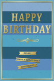 The scene shows a beautifully understated birthday card whose design feels as calm and composed as a late-afternoon wander through Maida Vale. The card's backdrop is made up of wide horizontal bands of blue, each stripe softly blending into the next to create a gentle ombré that shifts from deeper, duskier hues at the bottom to lighter, almost sky-like tones at the top. This layered blue background brings to mind the quiet reflections you see along the canals of Little Venice when the water is still. Set prominently in the centre is the phrase HAPPY BIRTHDAY, crafted in large, embossed capital letters in metallic gold. The raised texture of the text adds a sense of quality and tactility, and the gold finish catches the light in a warm shimmer, evoking the glow of birthday candles. Just below the main greeting, a single golden flourish curves elegantly across the card, a decorative sweep that suggests traditional calligraphy and adds a refined, romantic touch. Underneath this flourish, three slender gold banners are neatly stacked in a vertical row, each bearing a brief, friendly wish: Relax, have a great day and enjoy! These words carry a sense of ease, as if encouraging the recipient to linger over a slow birthday breakfast or a peaceful walk near Paddington Recreation Ground. A fine gold border outlines the edges of the card, framing the blues and drawing the design together with quiet precision. The card surface appears smooth and slightly matte, so the metallic elements gently stand out. Overall, the image conveys a feeling of composed, heartfelt celebration-perfect to stand alongside a hand-tied bouquet arriving at a Maida Vale doorstep.